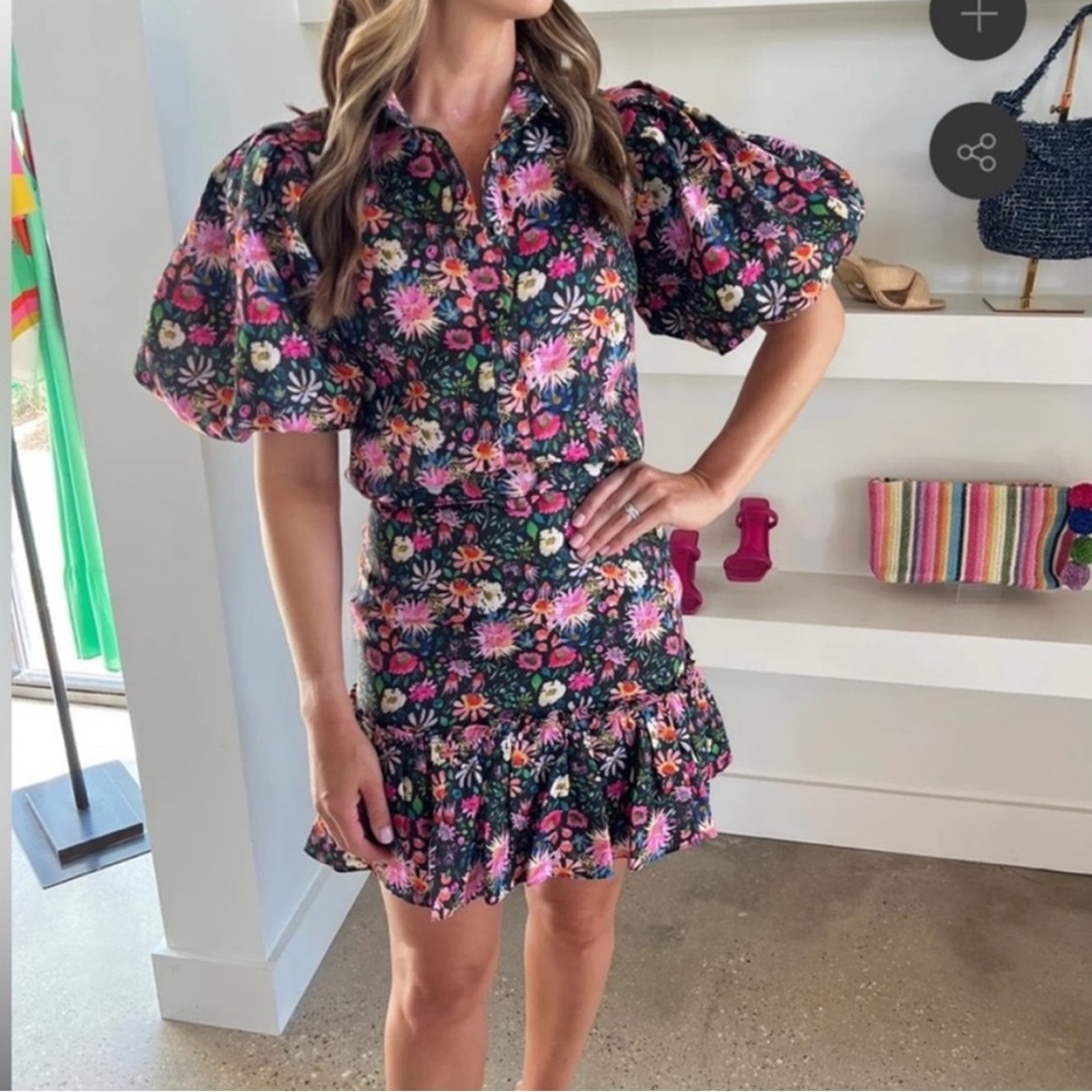 Elliatt Cecilia Black Pink Floral Print Puff Sleeve Belted Mini Skirt Set Small